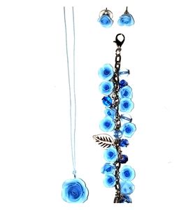 Blue rose earrings, bracelet and necklace set